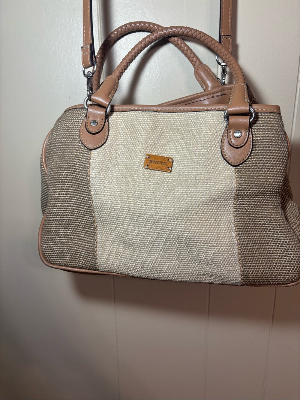 Fossil Cream and Tan Woven Shoulder Bag